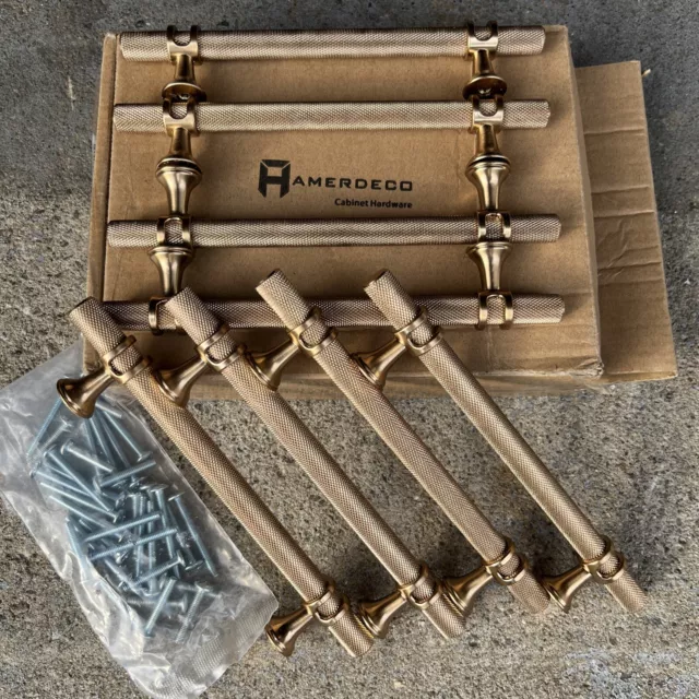 Amerdeco 8 Pack Knurled Gold Cabinet Pulls 7.5 Inch Hole Center Brushed Brass!!