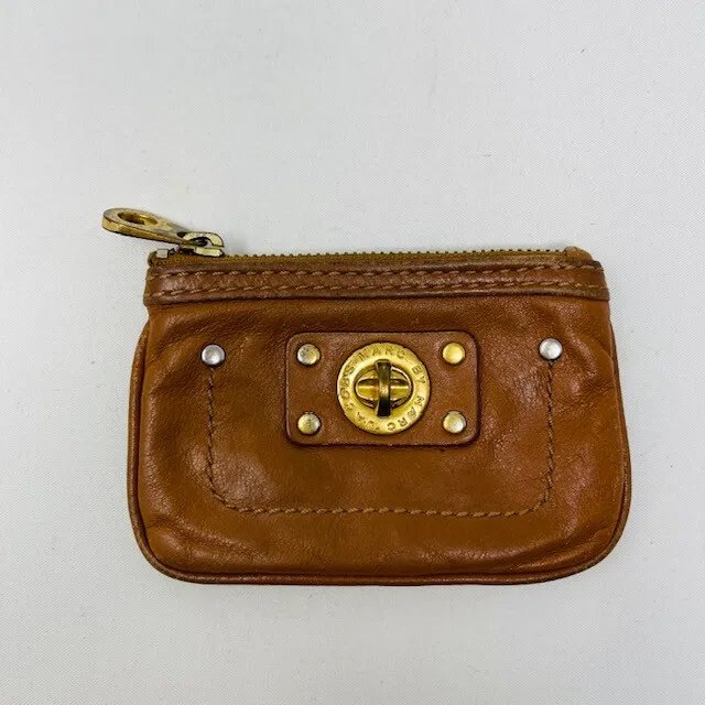 Marc by Marc Jacobs Coin Key Holder Purse Leather Brown Tan Turnlock Zip Ring