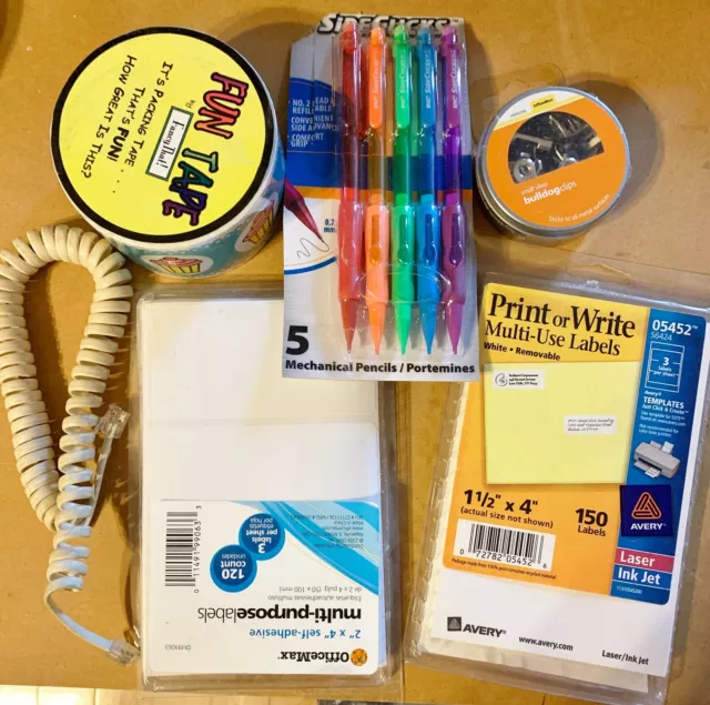 2 Pkg Sealed Labels,12 Bull Dog Clips,5 Mechanical Pencils,Cupcake Fun Tape,Cord