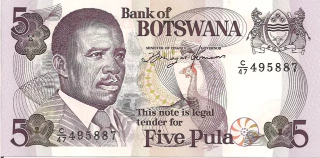 Botswana P11a, 5 Pula,  Pres. Masire, Guinea fowl / Gemsbok antelope UNC (1992)