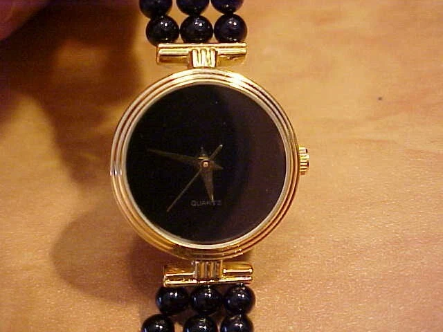 NEW Ladies Black Beaded Quartz Wristwatch New Battery, works great!