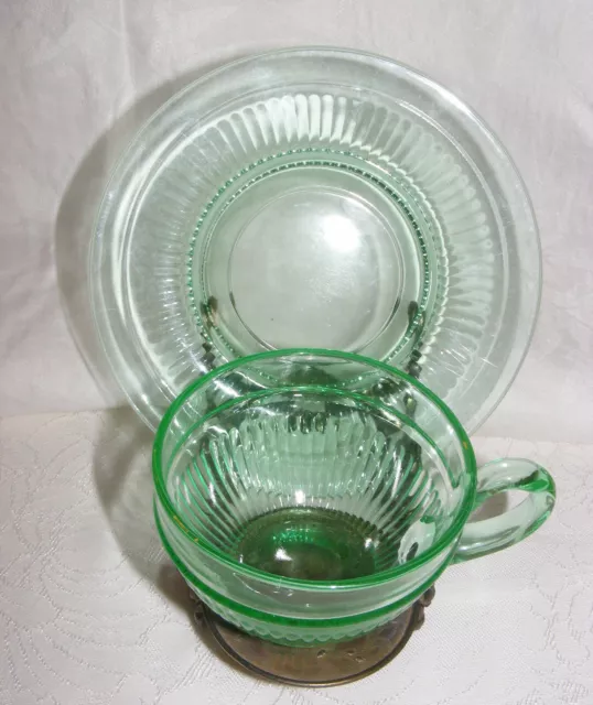 Vintage Green Depression Glass Cup Saucer Set Fine Ribbed Pattern