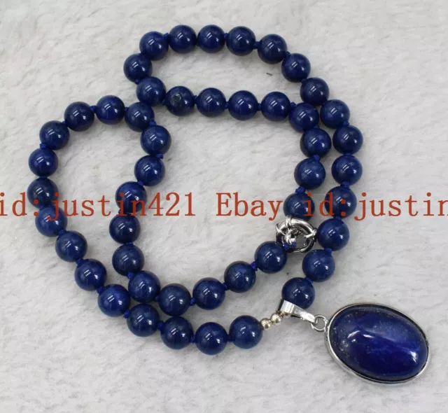 New 10mm Natural Blue Lapis lazuli Round Gemstone Pendant Necklace 18'' AAA