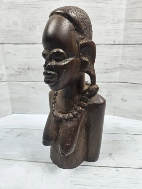 VTG African Tribal Head Bust Semi Nude Breasts Woman Carved Wood 8" Heavy Wood