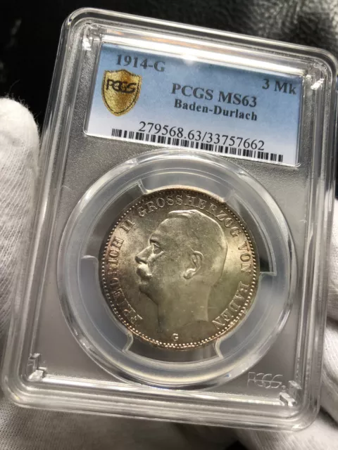 1914 3M Baden-Durlach MS63 PCGS