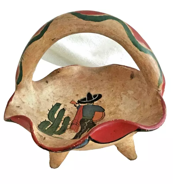 Vintage Original Mexican Pottery Hand Decorated Bowl Ruffled Rim