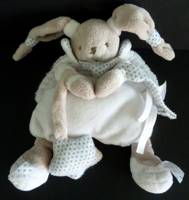 34. DOUDOU ET COMPAGNIE LAPIN Céleste blanc gris étoile hochet grelot DC2397 TBE