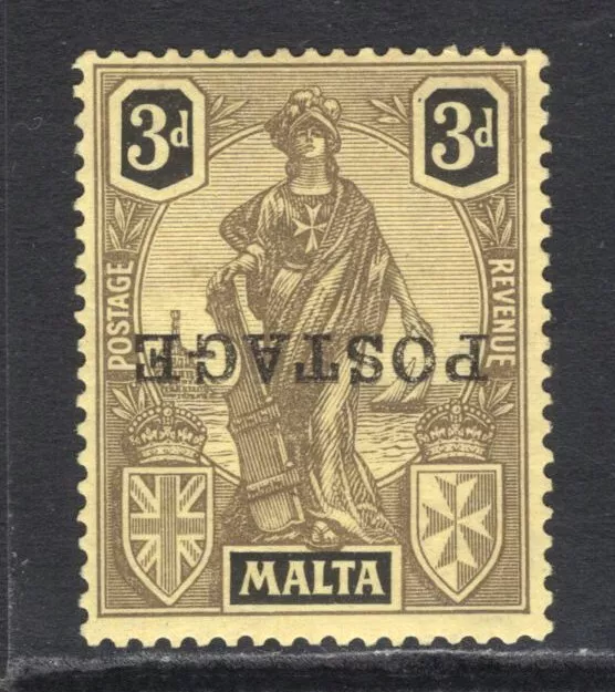 M15392 Malta 1926 SG149a - 3d black/yellow with OVERPRINT INVERTED.