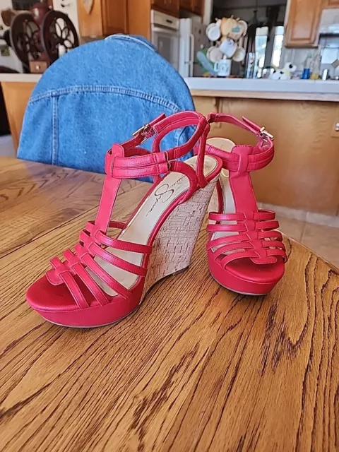Jessica Simpson Strappy Crimson RED Cork Wedge Heel Sandals Women’s Size 9M