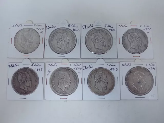 Italie: 8 pièces de 5 lires argent Vittorio Emanuele II / 2 - toutes différentes