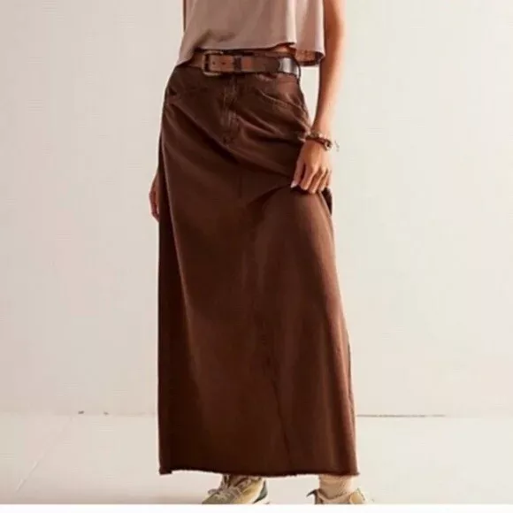 Free People Skirt £108 RRP 'Come As You Are Denim' Maxi Skirt BNWT brown Size 16