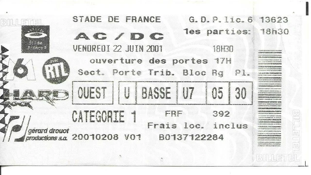 RARE / TICKET Billet Concert - Ac/Dc Ac / Dc Live A Paris Stade De ...