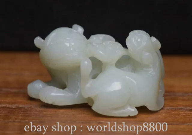 2" Antique Chinese Natural Hetian Nephrite Jade Carving Mother Son Beast Statue