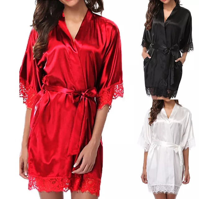 Women Sexy Satin Silk Nightdress Ladies Lace Lingerie Nightie Wrap Dress Robe US
