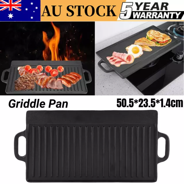 BBQ Skillet Indoor Large Cast Iron Reversible Non Stick Griddle Plate Grill Pan
