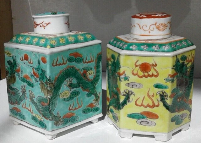 Pair Chinese Famille Rose Porcelain  Tea Caddy Jar lids Dragons Antique/Vintage