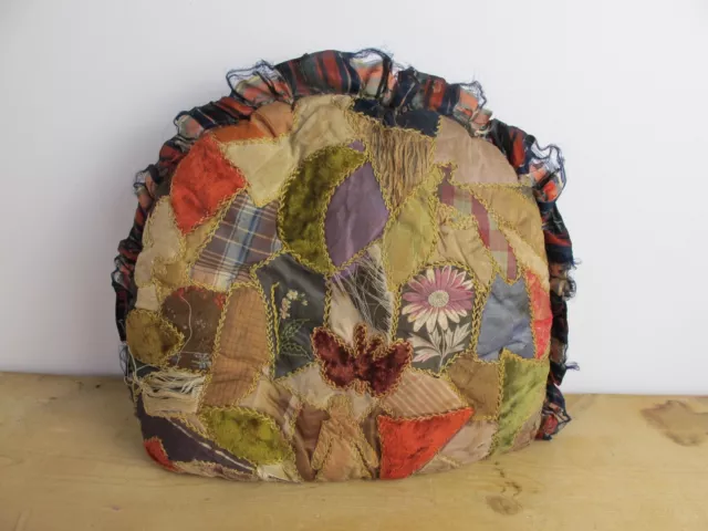 Antique Crazy quilting tea cosy silk and velvet tartan ruffle and lining