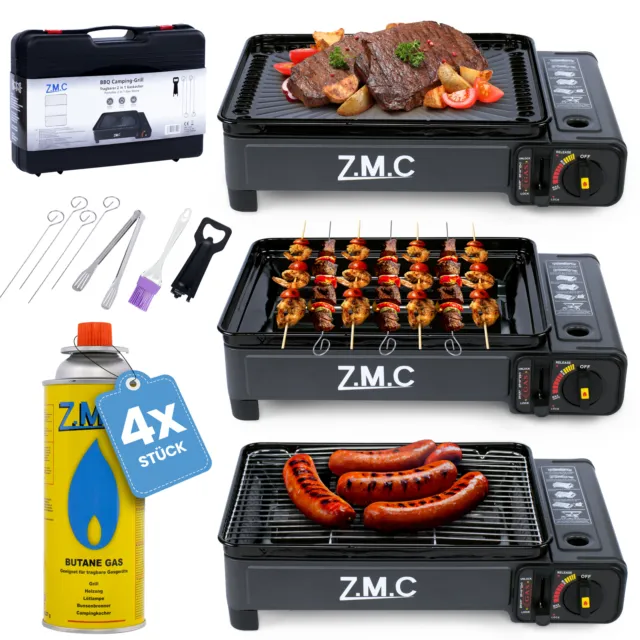 ZMC Gas Kocher Campingkocher + Grillplatte Gasgrill Outdoor + 4x Gaskartuschen