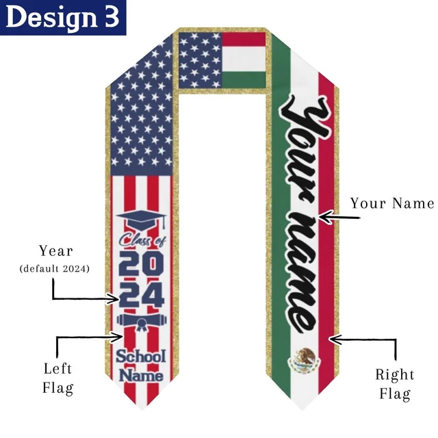 PERSONALIZED GRADUATION STOLES With Flags Of Two Countries, Class Of