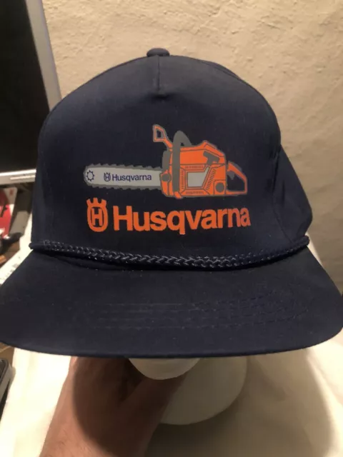 VINTAGE Husqvarna Chainsaw Blue Snapback Trucker Rope Brim Hat Cap