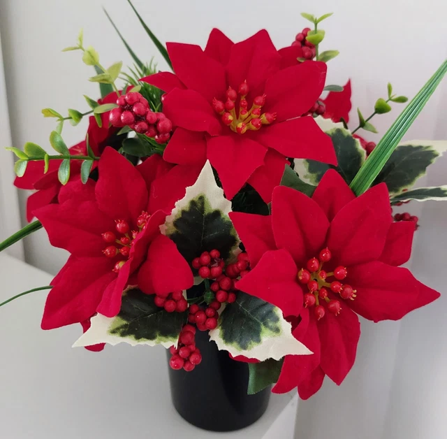 Christmas Grave Flowers | Flowers For Graves | Red Poinsettia Holly & Pine
