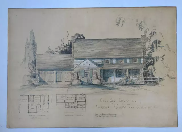 VINTAGE ARCHITECT PRINT, CAPE COD COLONIAL George Howard Burrows CLEVELAND, OHIO