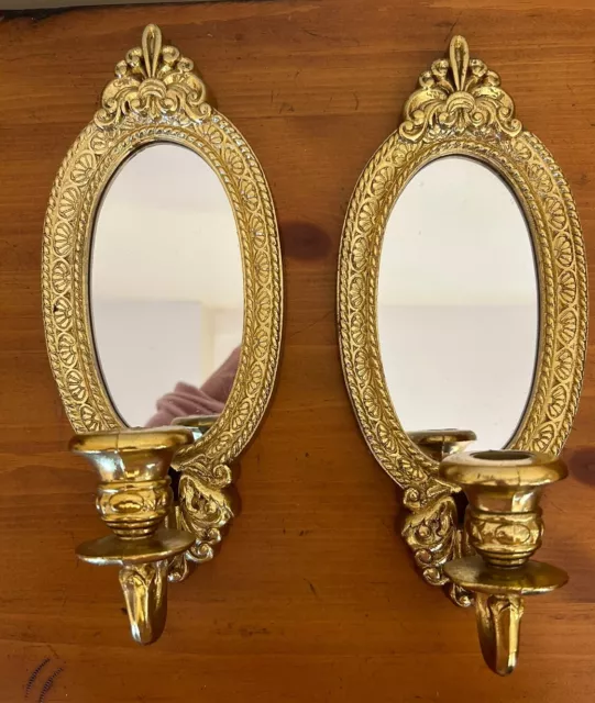 2 Vtg Gold Home Interiors Mirrored Wall Sconce Candle Holder Hollywood Regency