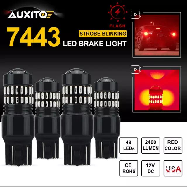 4X 48SMD 7443 7440 W21W Brake Tail Stop Light Red Flash Strobe Blinking LED Bulb