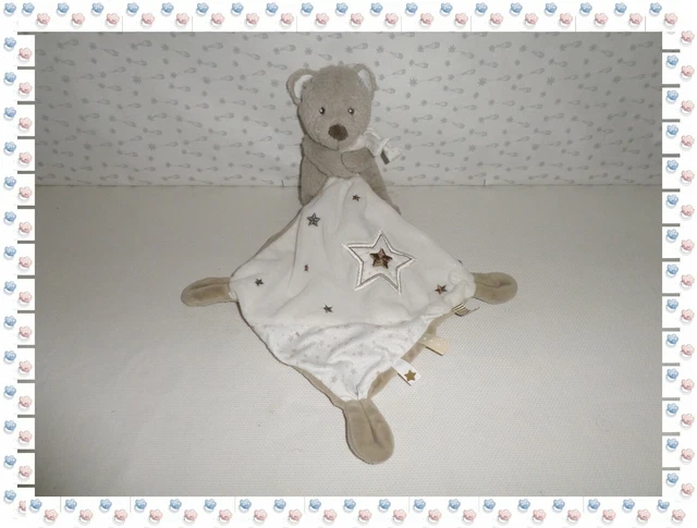 €  - Doudou Peluche Ours Blanc Ecru  Beige Etoile  Mouchoir  Pommette
