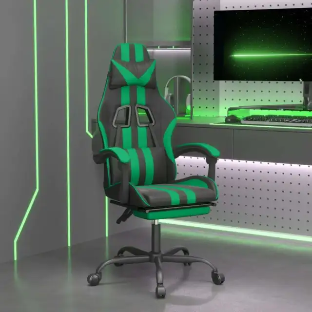 Swivel Gaming Chair with Footrest Black&Green Faux Leather