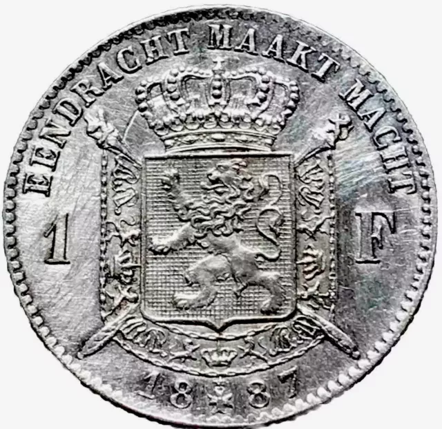 1887 Belgium 1 Franc Silver Coin Legend In Dutch ( L Wiener No Period) Km 29.2