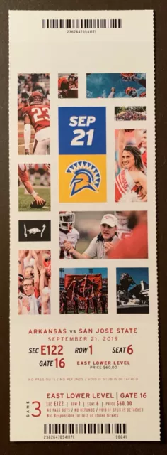 Arkansas Razorbacks 9/21/2019 NCAA football ticket stub vs San Jose State