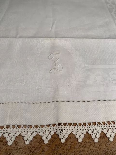 Vtg 60s Kitchen Tea Towel Hand Monogram F Cotton Damask Hand Crocheted Hem 32x19