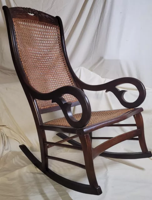 Antique Walnut Lincoln Rocking Chair w/ Caned Splat and Seat, Hand Carved Crest