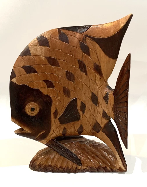 Hand Carved Wood Fish Sculpture Statue 12”L Tiki Bar Beach Folk Art Decoration