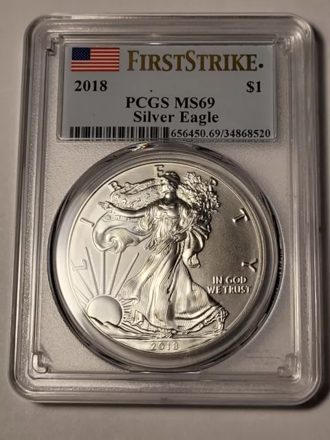 2018 $1 American Silver Eagle Pcgs Ms69 Flag First Strike Label