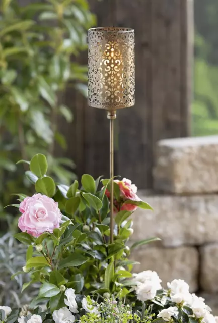 Metall Gartenstecker Kerzenhalter Ornament goldbraun Deko Stecker Windlicht Glas