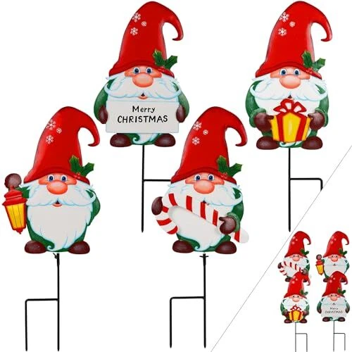 4 Pack Christmas Gnomes Garden Stakes, 22 Inch Decorative Santa Metal Stakes,