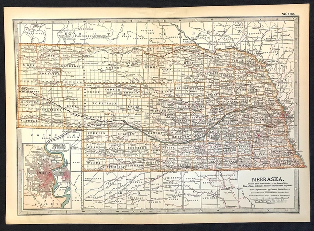 Nebraska 1901 Map with Omaha Inset original litho colour by Ben Eli Smith