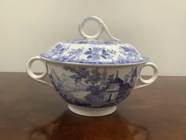 Antique Pearlware Blue and White Lidded Broth Pot Bowl Georgian c1825 Houses