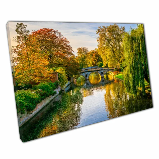 Autumn Scene Bridge Over Tree Lined River Cambridge UK Photography Print Canvas