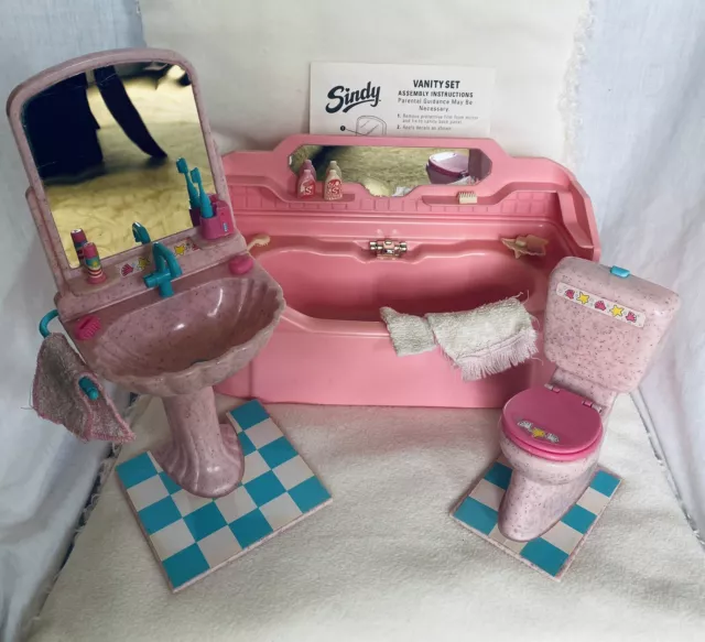 Vintage Sindy Doll Pink 3 Piece Bathroom Suite Set Bath Toilet Sink