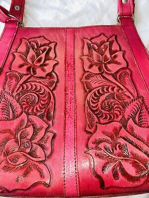 Vtg Genuine Leather Hand Tooled Embossed Roses Mexican Southwest Purse Handbag 2