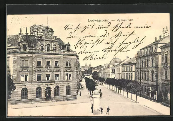 Ansichtskarte Ludwigsburg, Myliusstrasse mit Postamt und Geschäft 1914