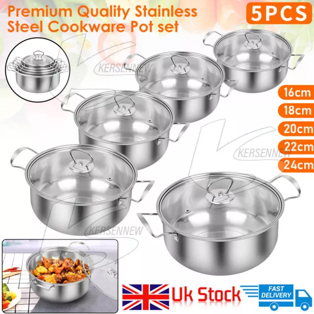 5Pcs Induction Stainless Steel Stock Pot w/ Glass Lid Cookware Casserole Pan Set