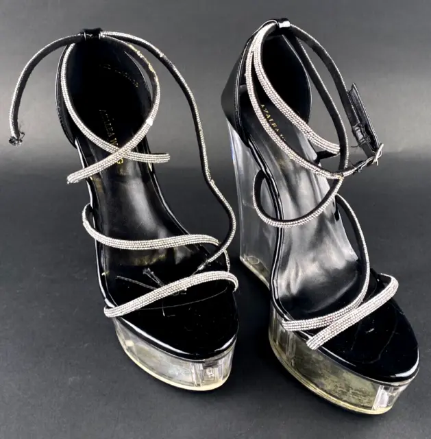 Azalea Wang Dez Black Clear Wedge Womens Strappy Rhinestone Heels Size 7.5