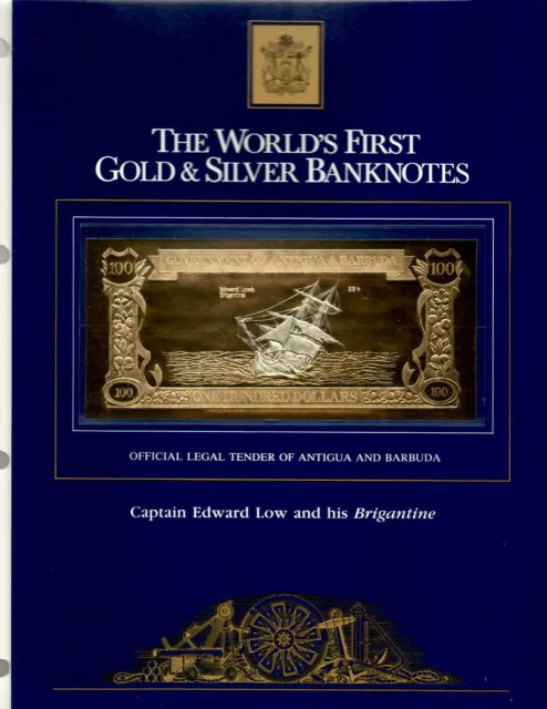 23kt Gold & Silver UNC $100 Antigua 1981 - Captain Edward Low & his Brigantine