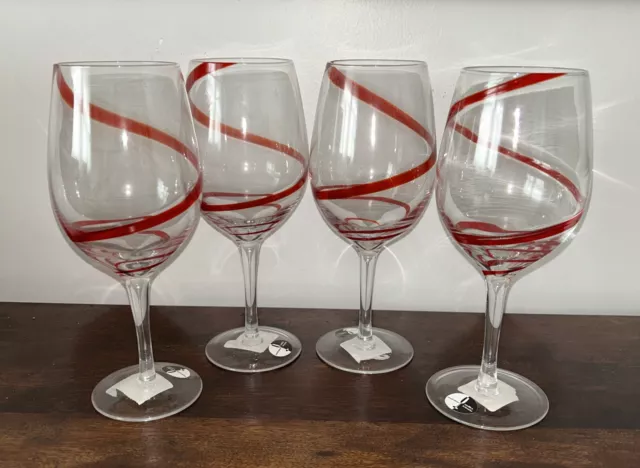 Set of 4 Pier 1 Red Swirline Swirl 8 7/8" Wine Glasses Water Goblets Hand Blown