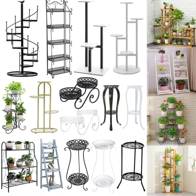 WOOD/METAL PLANT STAND Ladder Flower Pot Display Rack Shelf Indoor
