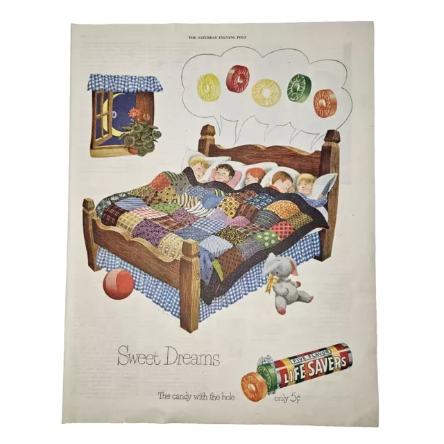 Life Savers Candy Vtg 1950 Print Ad Sweet Dreams Toy Moon Bed Saturday Evening